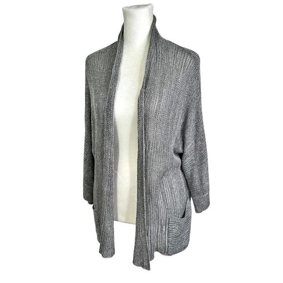 Eileen Fisher 3/4 Sleeve Silk Blend Open Cardigan Sweater Silver Women’s L - Picture 1 of 7